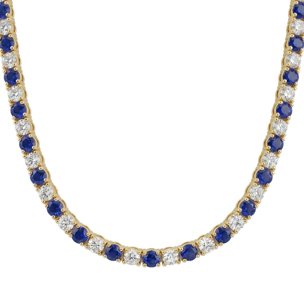 30Ct Blue Sapphire & Diamond Tennis Necklace 14k Gold 16.5